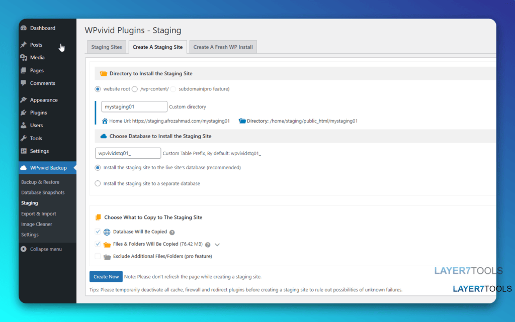 WPVivid Backup Plugin Staging Feature